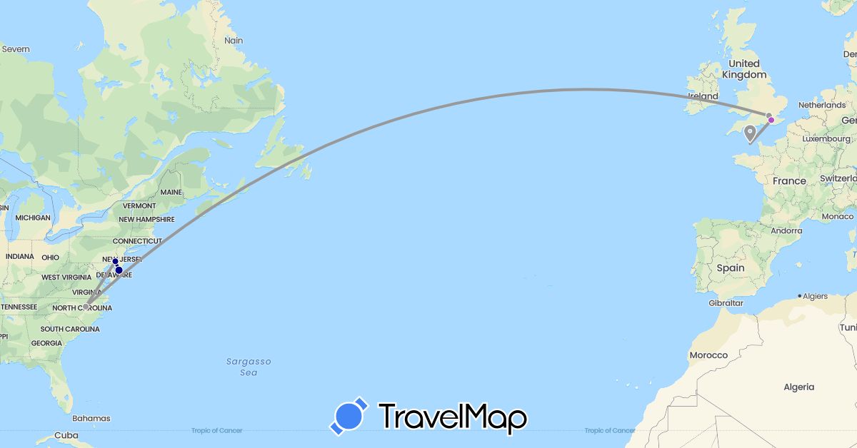 TravelMap itinerary: driving, plane, train in United Kingdom, Guernsey, United States (Europe, North America)